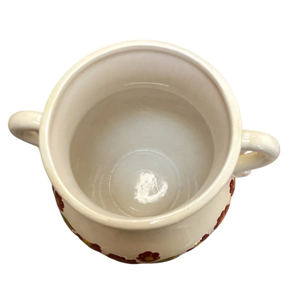 Vintage MSRF‎ French Country Floral Pottery Jar Wooden Lid Handles 9.5″